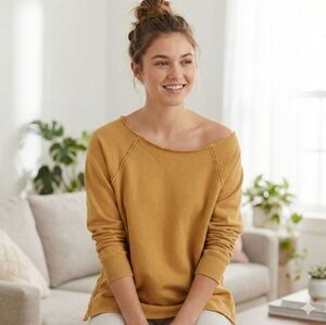 Aerie Oversized Raw Hem Crewneck Sweatshirt Mustard Yellow - Size Small